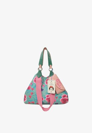Grande borsa a spalla con motivo floreale in teal e dettagli rosa, dotata di doppie maniglie verdi e un'etichetta rosa con la scritta "Viva la Vida."