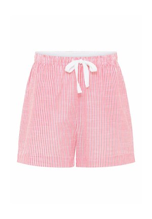 Rosa-weiße Shorts mit vertikalen Streifen, elastischem Bund und weißem Kordelzug, lässiger Sommerstil.