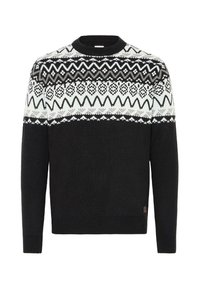 Schwarzer Strickpullover mit einem weißen geometrischen Muster im Schulterbereich, rundem Halsausschnitt, langen Ärmeln sowie gerippten Bündchen und Saum.