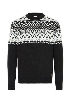 Svart stickad tröja med ett vitt geometriskt mönster vid yoken, rund halsringning, långa ärmar samt ribbade ärmslut och nederkant.