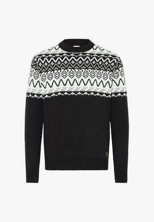 Zwarte gebreide trui met een witte geometrische patroon aan de schouders, ronde halslijn, lange mouwen en geribbelde manchetten en onderrand.