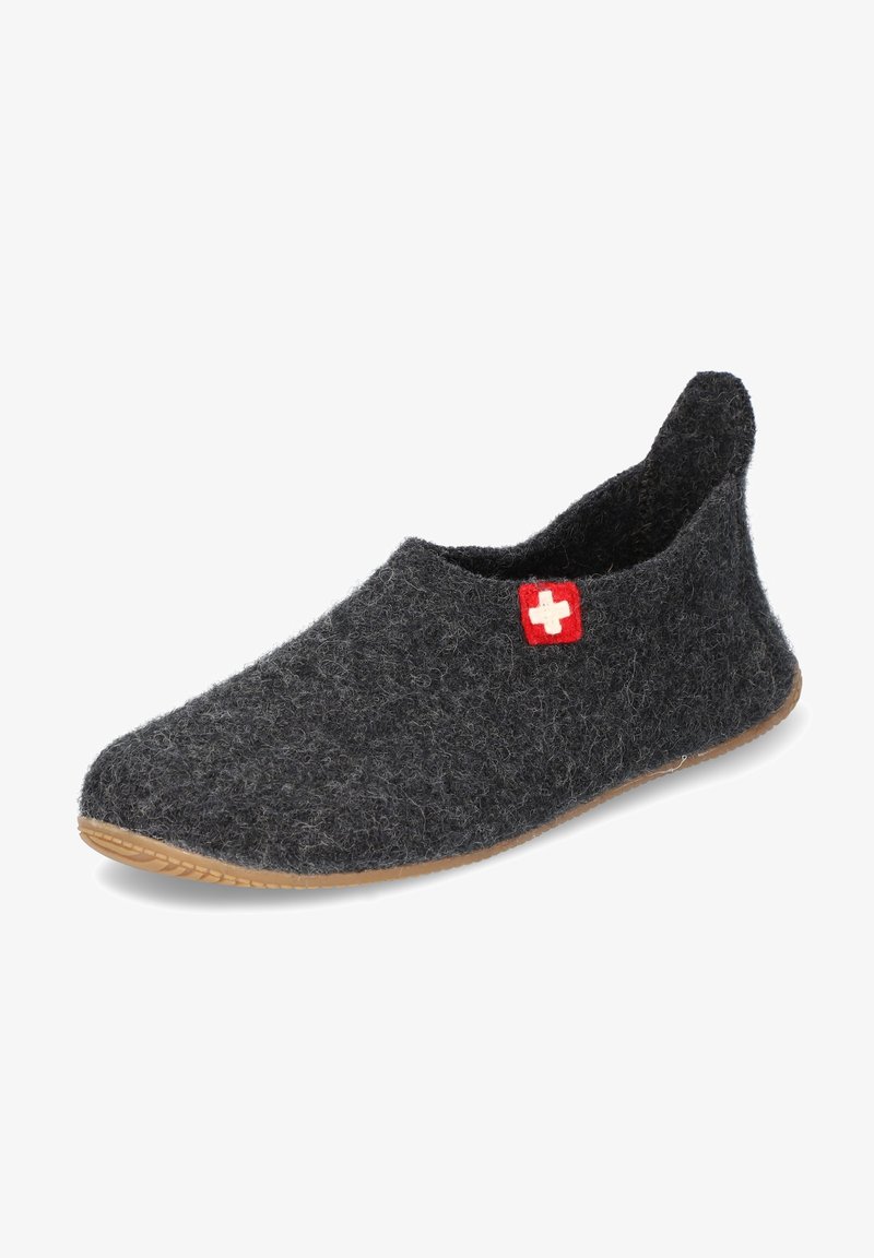 Grijze platte slipper met een laag uitgesneden ontwerp, rubberen zool en een klein rood Zwitsers vlaggetje aan de zijkant. Zachte textuur en duurzaam materiaal.