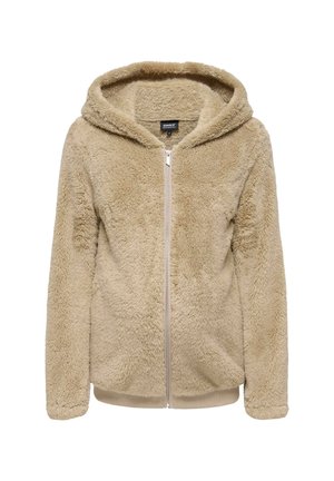 Beige zachte fleece hoodie met rits, lange mouwen, geribbelde boorden en zoom, met een ontspannen pasvorm.