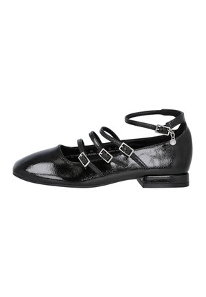 Bailarinas de charol negro con tres correas decorativas, tacón plano y punta redondeada. Presentan sutiles acentos brillantes.