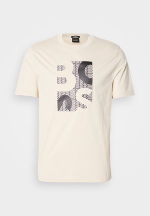 Off-white short-sleeve T-shirt with a black and white textured square graphic spelling "BOSS" on the front and a branded neck label.