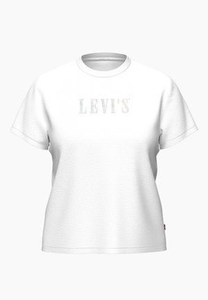 Baltas īsām piedurknēm T-krekls ar apaļu kaklu un teksturētu audumu. Priekšpusē ir redzams zīmola nosaukums "LEVI'S" ar mainīgu krāsu burtiem.