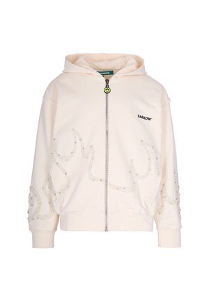 Felpa con zip color crema, decorata con perline a forma di fiamma sulle maniche e sul davanti, logo "BARROW" sul petto e tirazip a forma di sorriso verde.