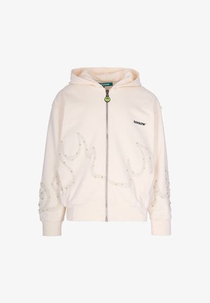 Felpa con zip color crema, decorata con perline a forma di fiamma sulle maniche e sul davanti, logo "BARROW" sul petto e tirazip a forma di sorriso verde.