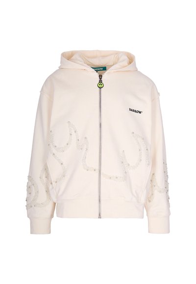 Felpa con zip color crema, decorata con perline a forma di fiamma sulle maniche e sul davanti, logo "BARROW" sul petto e tirazip a forma di sorriso verde.
