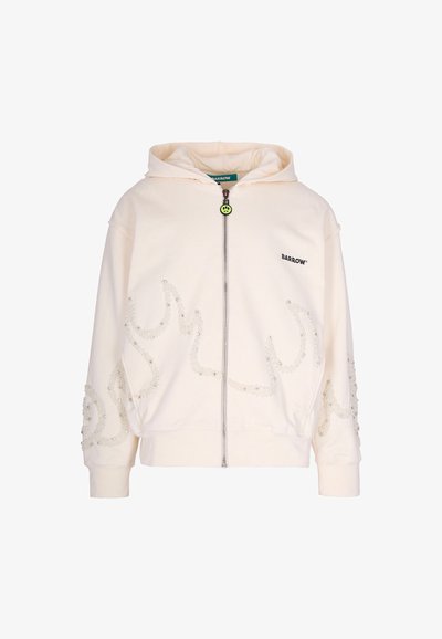 Felpa con zip color crema, decorata con perline a forma di fiamma sulle maniche e sul davanti, logo "BARROW" sul petto e tirazip a forma di sorriso verde.