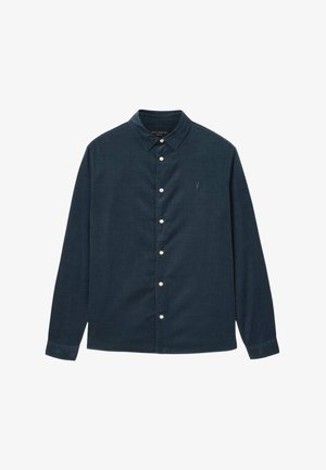 Dunkelblaues Hemd mit langen Ärmeln und spitzem Kragen, mit einem dezenten bestickten Logo auf der Brust. Hergestellt aus strukturiertem Stoff.