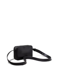 Black leather crossbody bag with a rectangular shape, zip closure, and adjustable strap. Smooth texture with minimal hardware accents.
