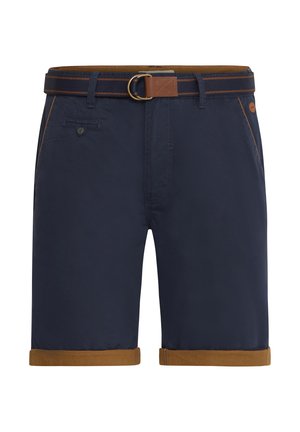 Navy blue shorts with a brown belt, featuring rolled hems and a front pocket. Made of a smooth material with contrasting stitching details.