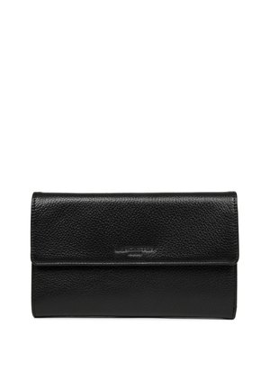 Portafoglio in pelle nera con superficie texturizzata, dotato di pattina pieghevole e logo del brand in rilievo, forma rettangolare elegante e hardware minimale.
