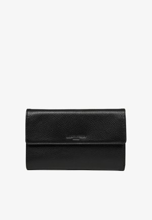 Portafoglio in pelle nera con superficie texturizzata, dotato di pattina pieghevole e logo del brand in rilievo, forma rettangolare elegante e hardware minimale.