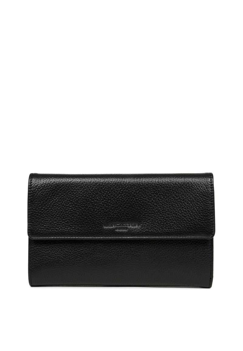Portafoglio in pelle nera con superficie texturizzata, dotato di pattina pieghevole e logo del brand in rilievo, forma rettangolare elegante e hardware minimale.