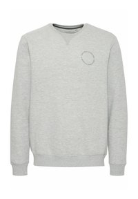 Sudadera gris claro con diseño de escote en V, puños y bajo acanalados, y un detalle circular impreso en el pecho. Texture suave.