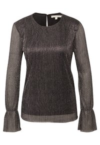 Schwarze transparente Bluse mit langen Ärmeln, metallischen vertikalen Streifen, runder Ausschnitt und ausgestellten Manschetten.