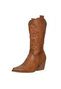 Brązowy kowbojski but wykonany z sztucznej skóry, z charakterystycznym spiczastym noskiem, dekoracyjnym przeszyciem i podwyższoną, warstwową podeszwą.