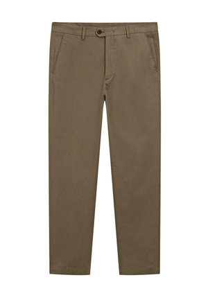 Brown straight-leg trousers with belt loops, side slash pockets, button, and zip fly closure, displayed on a white background.