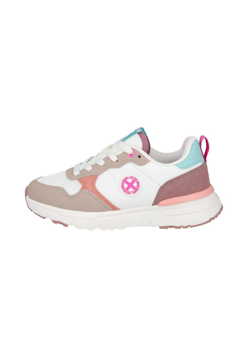 Zapatillas con una mezcla de materiales en blanco, beige, rosa y azul claro. Las características incluyen una forma redondeada, diseño de cordones y logotipos en los laterales.