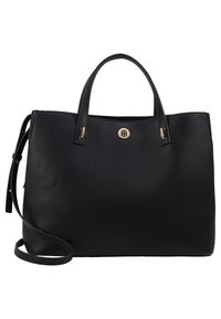 Sac fourre-tout en cuir noir avec deux poignées supérieures et une bandoulière amovible. Présente un logo doré et un design minimaliste.