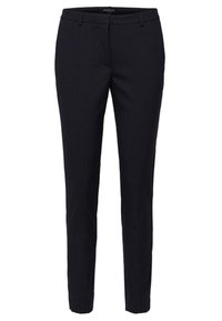 Czarne spodnie w kant o slim fit, z paskami na pasek, kieszeniami z przodu i prostym wzornictwem. Wykonane z gładkiego, lekkiego materiału.