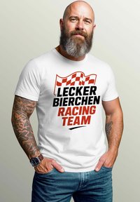 White t-shirt featuring bold black and red text, "LECKER BIERCHEN RACING TEAM," with a checkered flag graphic above the text.