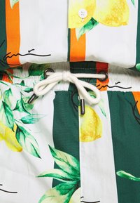 Korte mouwen overhemd met een citroen- en bladprint, voorzien van groene, witte en oranje strepen, een knoopsluiting en een tailleband met trekkoord.