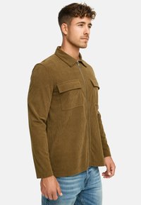 Mand iført en brun fløjl zip-jakke med brystlommer og lyseblå jeans, kigger mod højre foran en ensfarvet baggrund.