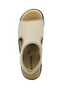 Sandal beige con una morbida soletta in suede, punta aperta e ritagli laterali. Presenta una decorazione a forma di "A" in strass. Taglia 36 indicata all'interno.