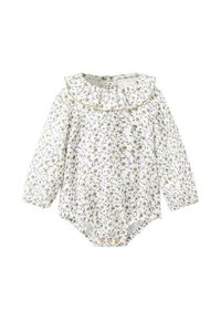 Detský overal s dlhým rukávom v bielej farbe s zeleným kvetinovým vzorom, so volánovým golierom a zapínaním na gombík na spodku; mäkká, ľahká látka.