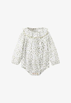 Langärmliger Baby-Body in Weiß mit grünem Blumenmuster, Rüschenausschnitt und Druckknopfverschluss am unteren Ende; weicher, leichter Stoff.
