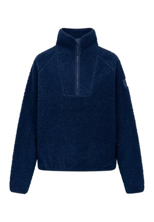 Pullover in fleece sherpa blu navy con zip corta, collo alto e maniche lunghe, progettato per calore e uso casual.