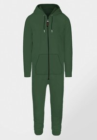 Jumpsuit verde con capucha, cierre frontal, cordones ajustables y bolsillo tipo canguro. Fabricado en tela suave con puños acanalados.