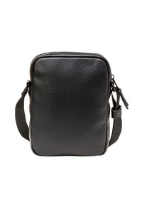 Borsa a tracolla nera in pelle con superficie testurizzata, forma rettangolare e tracolla regolabile in tessuto. Presenta una chiusura con zip.