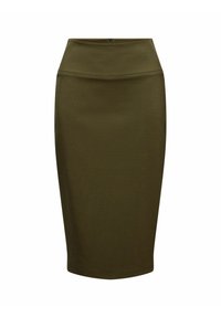 Olijfgroene, knielange kokerrok met een hoge taille en een gladde, rekbare textuur. Heeft een onopvallende ritssluiting aan de achterkant.
