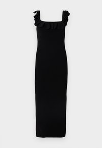 Μαύρο μάξι φόρεμα χωρίς μανίκια με τετράγωνο λαιμόκοψη και βολάν κατά μήκος των τιράντων και του στήθους.