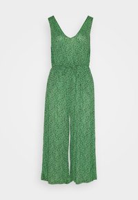 Groene jumpsuit met een V-halslijn, zonder mouwen en een koordtaille. De stof heeft een klein zwart bloemenpatroon in het geheel.