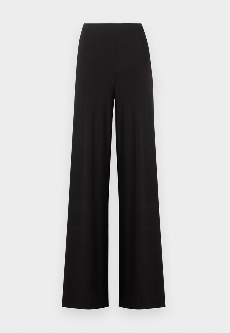 Pantalon noir taille haute à jambes larges avec devant lisse et sans poches ni fermetures visibles sur un fond clair.