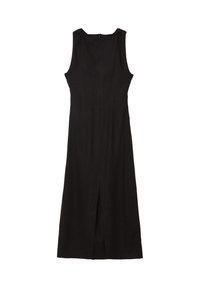 Schwarzes ärmelloses Maxikleid mit geradem Schnitt, das einen offenen Rücken und einen vorderen Schlitz für Bewegungsfreiheit hat. Glatter Stofftextur.