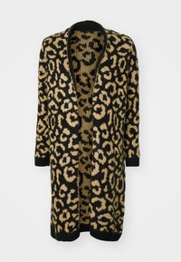 Stickad cardigan i svart och kamel leopardmönster, med öppen framsida, långa ärmar och en avslappnad passform med ribbade ärmslut och nederkant.