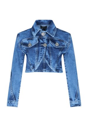 Giacca di jeans blu cropped con maniche lunghe, dotata di due tasche sul petto e bottoni decorativi in argento. Texture liscia con una finitura sbiadita.