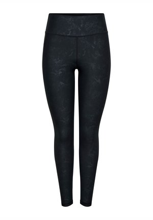 Črne legice z teksturiranim vzorcem, visokim pasom in oprijetim krojem, primerni za športno oblačilo.