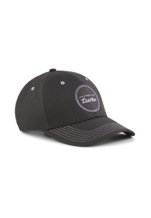 Zwarte baseballcap met witte stiksels en geborduurd rond logo met de tekst "Porsche turbo" op het voorpaneel.