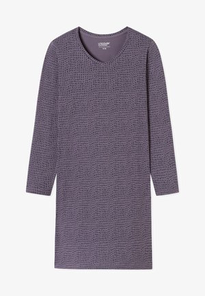Purple long-sleeve dress featuring a V-neck, made of soft fabric with a textured pattern of dotted lines. Simple design, straight cut.