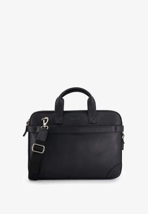 Sort læder laptop taske med to top håndtag og aftagelig skulderrem. Har en lynlåslukning og diskret præget branding.