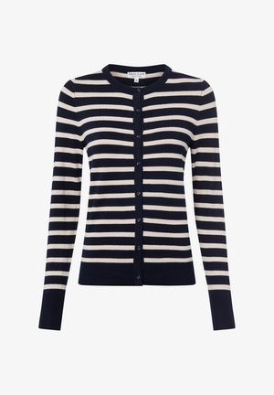 Navy- und cremefarbener gestreifter Cardigan aus weichem Strickstoff, mit rundem Halsausschnitt, langen Ärmeln und einer Frontknopfleiste.
