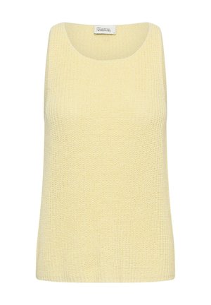 Bez rękawów jasnżółty swetrowy top z okrągłym dekoltem i teksturowanym wzorem, oznaczony jako „My Essential Wardrobe.”