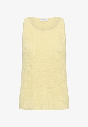 Canotta senza maniche giallo chiaro lavorata a maglia con scollo rotondo e motivo traforato, etichettata "My Essential Wardrobe."